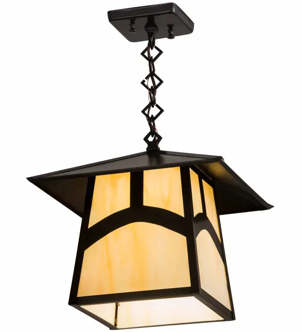 An Arts and Crafts Hill Top arched bar accents this handsome American Craftsman lantern style ceiling pendant. The fixture; handcrafted in the USA by Meyda artisans; is finished in Craftsman Brown and has Beige glass panels.