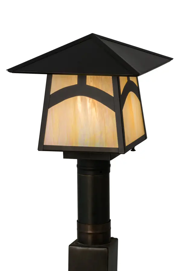 Custom made from Solid Brass; a stunning Craftsman Signature design statement is evoked with a dramatic Mission styled profile combined with an abstract hilltop design. The Beige Iridescent art glass diffuser is enhanced with a frame and hardware featured in a Craftsman Brown finish. This post mount? is ideal for indoor and outdoor lighting applications in residential and commercial environments. The fixture is handcrafted by Meyda artisans in the Yorkville; NY manufacturing facilities. Custom colors; designs; sizes and dimmable energy efficient lamping options are available. The fixture is UL and cUL listed for dry and wet locations