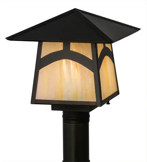 Custom made from Solid Brass; a stunning Craftsman Signature design statement is evoked with a dramatic Mission styled profile combined with an abstract hilltop design. The Beige Iridescent art glass diffuser is enhanced with a frame and hardware featured in a Craftsman Brown finish. This post mount? is ideal for indoor and outdoor lighting applications in residential and commercial environments. The fixture is handcrafted by Meyda artisans in the Yorkville; NY manufacturing facilities. Custom colors; designs; sizes and dimmable energy efficient lamping options are available. The fixture is UL and cUL listed for dry and wet locations - alternate view