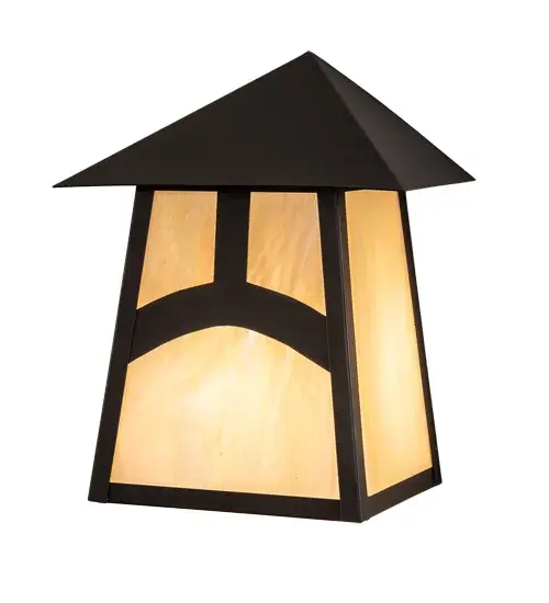 Custom made from Solid Brass for beautiful indoor and outdoor lighting applications. A stunning Mission styled profile is combined with an abstract Hilltop design. The Beige Iridescent Glass Lantern is enhanced with a Craftsman Brown finish. The Stillwater Hill Top Wall Sconce is featured in our American designed, handmade Craftsman Signature Series. Manufactured in Yorkville, New York. UL and cUL listed for dry, damp and wet locations. Collection: Stillwater Finish: Craftsman Brown Glass: Beige Iridescent Width: 9.00" Height: 10.50" Length: 5.50" Weight: 3.50 lb Extension from Wall: 5.50" Number of Bulbs: 1 Maximum Wattage: 60.00 W Bulb Type: A19 Bulb Base: E26 Material: Brass Country of Origin: USA Safety Listing: Wet Safety Rating: Wet - alternate view