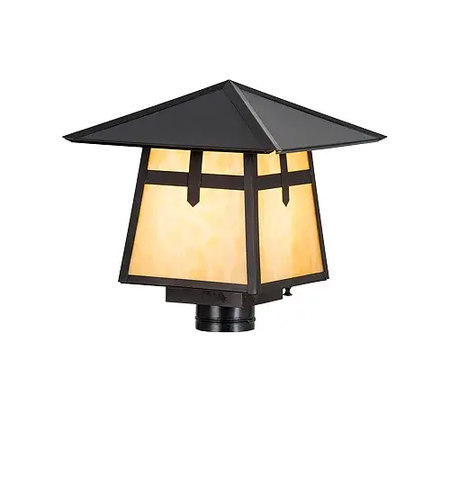 The Cross Mission has Arts and Crafts style crossed bars that accents this handsome American Craftsman lantern style post mount. The fixture; handcrafted in the USA by Meyda artisans; is finished in Craftsman Brown and has Beige glass panels. - alternate view