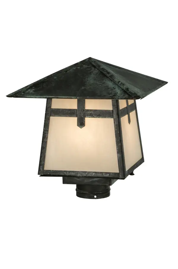 The Cross Mission has Arts and Crafts style crossed bars that accents this handsome American Craftsman lantern style post mount. The fixture; handcrafted in the USA by Meyda artisans; is finished in Verdigris and has White glass panels.
