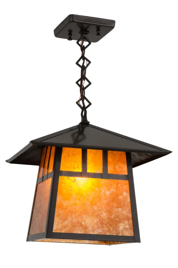 Custom made from Solid Brass, a stunning Craftsman Signature design statement is emphatically presented with a striking Mission styled straight line design.Highlighted with Amber Mica and a frame and hardware featured in a Craftsman Brown finish, this luminaire is ideal for indoor and outdoor lighting applications. The fixture is handcrafted by Meyda artisans in the Yorkville, NY manufacturing facilities. Custom colors, designs, sizes and dimmable energy efficient lamping options are available. The pendant is UL and cUL listed for damp and dry locations. Collection: Stillwater Finish: Craftsman Brown Glass: Amber Mica Width: 17.00" Height: 15.00" Length: 12.00" Weight: 4.50 lb Number of Bulbs: 1 Maximum Wattage: 60.00 W Bulb Type: A19 Bulb Base: E26 Material: Brass Country of Origin: USA Safety Listing: Damp Safety Rating: Damp