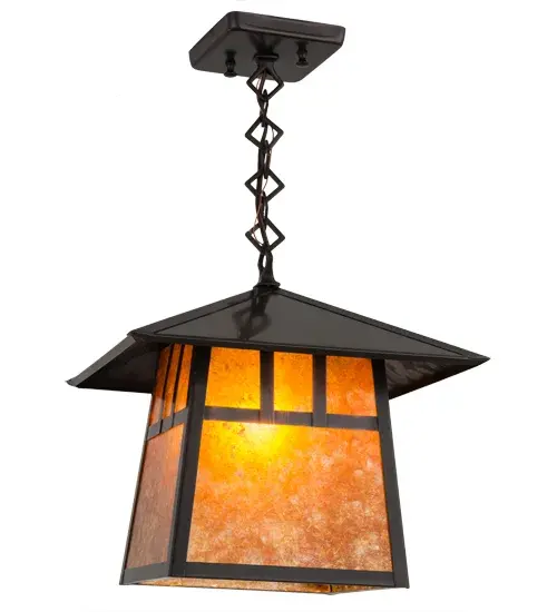 Custom made from Solid Brass, a stunning Craftsman Signature design statement is emphatically presented with a striking Mission styled straight line design.Highlighted with Amber Mica and a frame and hardware featured in a Craftsman Brown finish, this luminaire is ideal for indoor and outdoor lighting applications. The fixture is handcrafted by Meyda artisans in the Yorkville, NY manufacturing facilities. Custom colors, designs, sizes and dimmable energy efficient lamping options are available. The pendant is UL and cUL listed for damp and dry locations. Collection: Stillwater Finish: Craftsman Brown Glass: Amber Mica Width: 17.00" Height: 15.00" Length: 12.00" Weight: 4.50 lb Number of Bulbs: 1 Maximum Wattage: 60.00 W Bulb Type: A19 Bulb Base: E26 Material: Brass Country of Origin: USA Safety Listing: Damp Safety Rating: Damp - alternate view