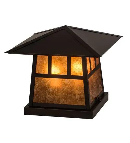 The Double Bar Mission has a pair Arts and Crafts style crossed bars that accent this handsome American Craftsman lantern style pier mount. The fixture; handcrafted in the USA by Meyda artisans; is finished in Craftsman Brown and has Amber mica panels. - alternate view