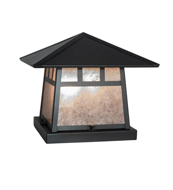 The Double Bar Mission has a pair Arts and Crafts style crossed bars that accent this handsome American Craftsman lantern style pier mount. The fixture, handcrafted in the USA by Meyda artisans, is finished in Craftsman Brown and has Silver mica panels. Collection: Stillwater Finish: Craftsman Brown On Brass Glass: Silver Mica Width: 14.00" Height: 11.00" Length: 12.00" Weight: 7.00 lb Number of Bulbs: 2 Maximum Wattage: 60.00 W Bulb Type: A19 Bulb Base: E26 Material: Brass Country of Origin: USA Safety Rating: Wet