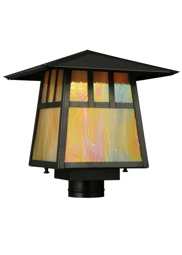 The Double Bar Mission has a pair Arts and Crafts style crossed bars that accent this handsome American Craftsman lantern style post mount. The fixture; handcrafted in the USA by Meyda artisans; is finished in Craftsman Brown and has Iridized Beige glass panels.