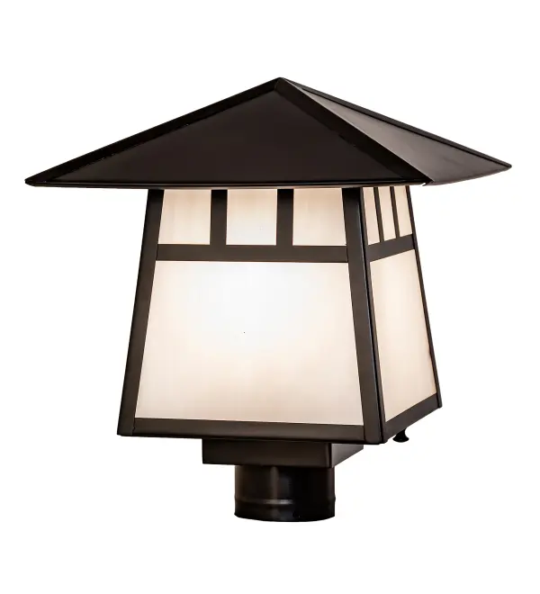 The Double Bar Mission has a pair Arts and Crafts style crossed bars that accent this handsome American Craftsman lantern style post mount. The fixture, handcrafted in the USA by Meyda artisans, is finished in Craftsman Brown and has White glass panels. Collection: Stillwater Finish: Craftsman Brown Glass: White Art Glass Width: 17.00" Height: 13.00" Length: 12.00" Weight: 5.50 lb Number of Bulbs: 1 Maximum Wattage: 60.00 W Bulb Type: A19 Bulb Base: E26 Material: Brass Country of Origin: USA Safety Rating: Wet