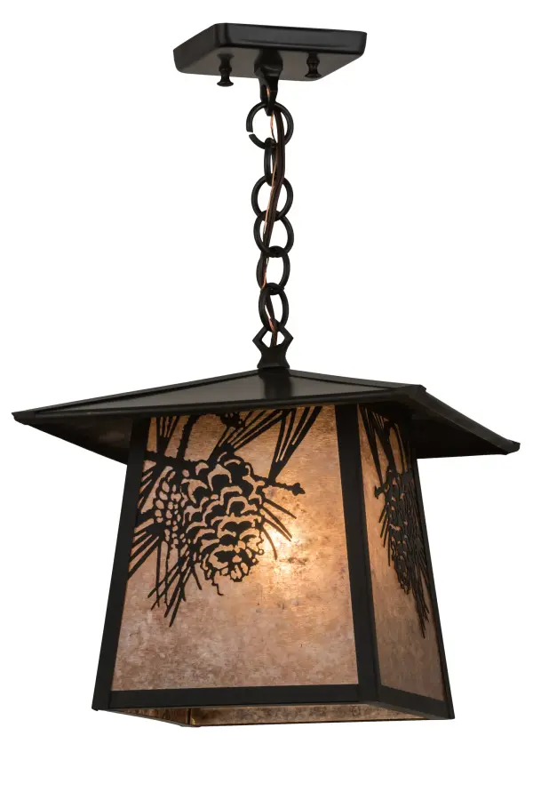 With Pinecones and Pine Needles delicately etched of Solid Brass, this compelling design represents the iconic symbol of spiritual enlightenment and eternal life. Natural charm comes alive with beautiful ambient light shining through stunning Silver Mica, which is enhanced by Craftsman Brown finished accents, frame and hardware. This Craftsman Signature fixture is ideal for a variety of lighting applications and handcrafted by Meyda artisans in our manufacturing facility at the foothills of the Adirondack Mountains.Custom sizes, styles, colors and dimmable energy efficient lamping options such LEDs are available.The fixture is UL and cUL listed for damp and dry locations. Collection: Stillwater Finish: Craftsman Brown Glass: Silver Mica Width: 17.00" Height: 14.00" Length: 12.00" Weight: 5.00 lb Number of Bulbs: 1 Maximum Wattage: 60.00 W Bulb Type: A19 Bulb Base: Medium Material: Brass Country of Origin: USA Safety Listing: Damp Safety Rating: Damp