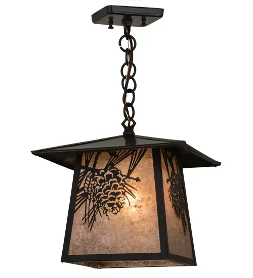 With Pinecones and Pine Needles delicately etched of Solid Brass, this compelling design represents the iconic symbol of spiritual enlightenment and eternal life. Natural charm comes alive with beautiful ambient light shining through stunning Silver Mica, which is enhanced by Craftsman Brown finished accents, frame and hardware. This Craftsman Signature fixture is ideal for a variety of lighting applications and handcrafted by Meyda artisans in our manufacturing facility at the foothills of the Adirondack Mountains.Custom sizes, styles, colors and dimmable energy efficient lamping options such LEDs are available.The fixture is UL and cUL listed for damp and dry locations. Collection: Stillwater Finish: Craftsman Brown Glass: Silver Mica Width: 17.00" Height: 14.00" Length: 12.00" Weight: 5.00 lb Number of Bulbs: 1 Maximum Wattage: 60.00 W Bulb Type: A19 Bulb Base: Medium Material: Brass Country of Origin: USA Safety Listing: Damp Safety Rating: Damp - alternate view