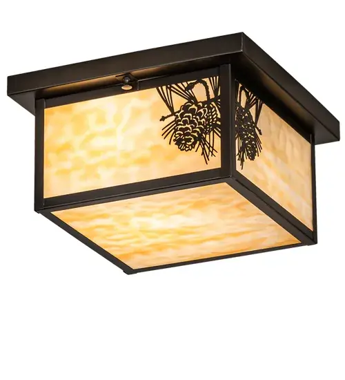 With pinecones and pine needles delicately etched with Solid Brass, this compelling design represents the iconic symbol of spiritual enlightenment and eternal life. Natural charm comes alive with beautiful ambient light shining through a Beige art glass lens which is enhanced with a matching bottom diffuser and Craftsman Brown finished accents and hardware. The Hyde Park Winter Pine Flushmount is featured in our American-made, American-designed, handcrafted Craftsman Signature Lighting Collection. Manufactured in Yorkville, New York. UL and cUL listed for dry, damp and wet locations. Collection: Hyde Park Finish: Craftsman Brown Glass: Beige Glass Width: 17.00" Height: 6.50" Length: 12.00" Weight: 7.50 lb Number of Bulbs: 2 Maximum Wattage: 60.00 W Bulb Type: A19 Bulb Base: E26 Material: Brass Country of Origin: USA Safety Listing: Damp Safety Rating: Wet - alternate view