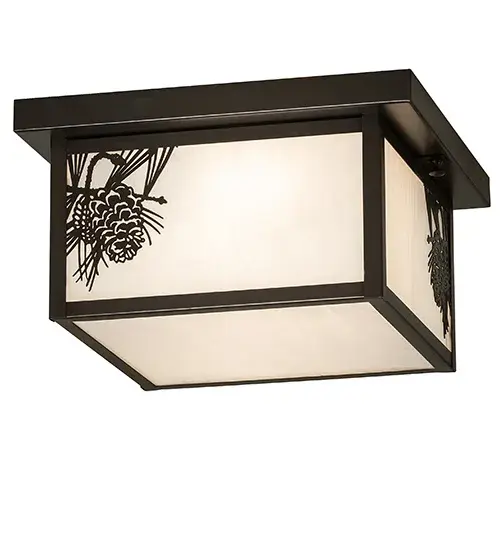 With pinecones and pine needles delicately etched with Solid Brass; this compelling design represents the iconic symbol of spiritual enlightenment and eternal life. Natural charm comes alive with beautiful ambient light shining through White art glass; enhanced by Craftsman Brown finished accents and hardware. The Hyde Park Winter Pine Flushmount is featured in our American-made; American-designed; handcrafted Craftsman Signature Lighting Collection. Manufactured in Yorkville; New York. UL and cUL listed for dry; damp; and wet locations. - alternate view