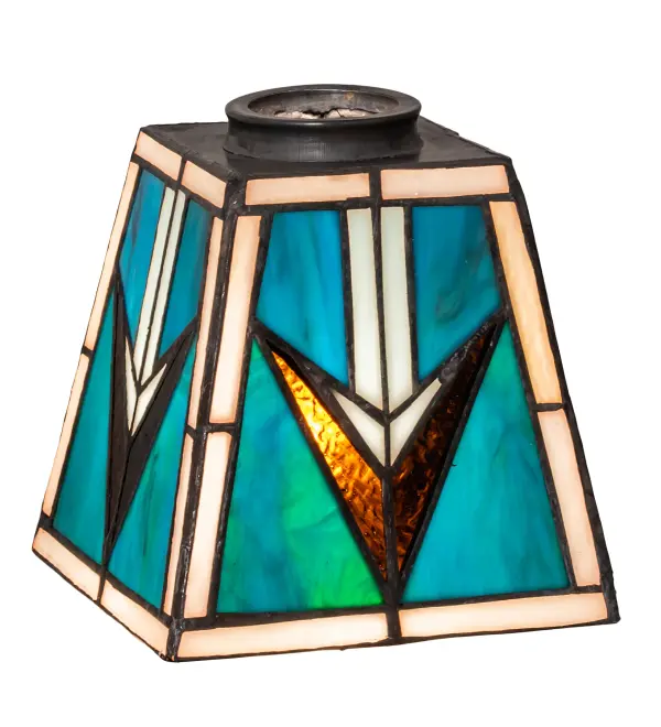 Stunning patterns and colors of Native American blankets and pottery have inspired this Mission-style stained glass shade; created using the famous Meyda Tiffany copperfoil construction technique. The intricately styled shade is designed with Bark Brown; Sand Beige; and Turquoise stained glass with an arrowhead design. This shade pairs well with hardware to create a pendant that illuminates bars; islands; and tables in fine homes and restaurants from Fort Collins; Colorado; to Pasadena; Texas; to Salinas; California. The Valencia Mission Shade is included in our American-designed; handcrafted Stained Glass Lighting Collection. Each shade is a unique work of art with color variations based on natural ingredients inherent in the glass.