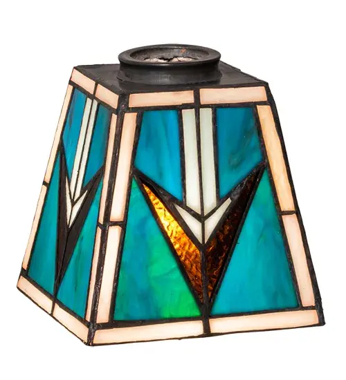 Stunning patterns and colors of Native American blankets and pottery have inspired this Mission-style stained glass shade; created using the famous Meyda Tiffany copperfoil construction technique. The intricately styled shade is designed with Bark Brown; Sand Beige; and Turquoise stained glass with an arrowhead design. This shade pairs well with hardware to create a pendant that illuminates bars; islands; and tables in fine homes and restaurants from Fort Collins; Colorado; to Pasadena; Texas; to Salinas; California. The Valencia Mission Shade is included in our American-designed; handcrafted Stained Glass Lighting Collection. Each shade is a unique work of art with color variations based on natural ingredients inherent in the glass. - alternate view