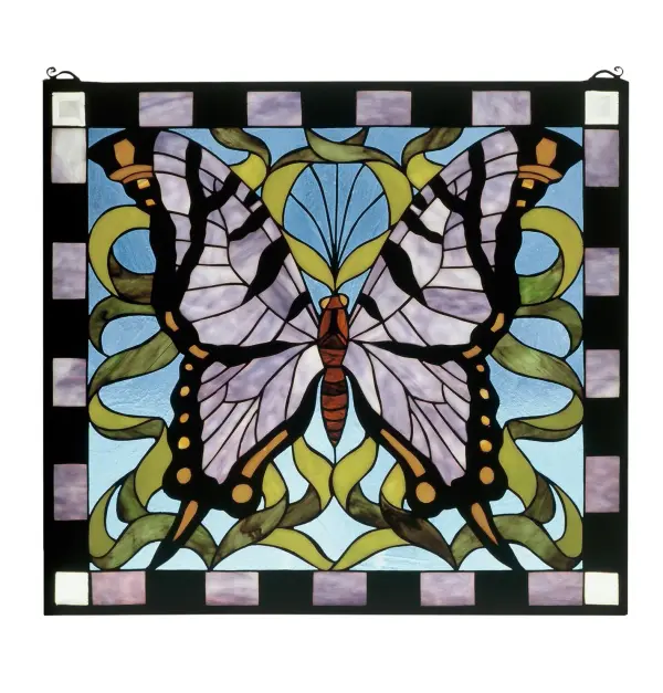 Amethyst wings patterned with Ebony and Amber bring flight to this delightful Butterfly that soars over a ribbon of Garden Green on a Clear Blue sky. Handcrafted utilizing the copperfoil construction process and 380 pieces of stained art glass encased in a solid brass frame. Mounting bracket and jack chain included.