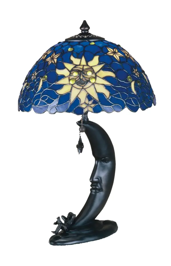 In a Celestial Blue glass sky; a Solar Yellow sun watches over the moon and the stars. Sparkling Citrine like jewels accent the hand crafted copper foiled constructed stained glass shade. Pairs well with a base to create a floor lamp or table lamp such as item 153615; or add handsome hanging hardware to build a stunning ceiling fixture. The Sun Moon & Stars Shade is included in our American designed; handcrafted Stained Glass Lighting Collection. Each shade is a unique work of art with color variations based on natural ingredients inherent in the glass. Contact us if color matching is critical when ordering multiple items.