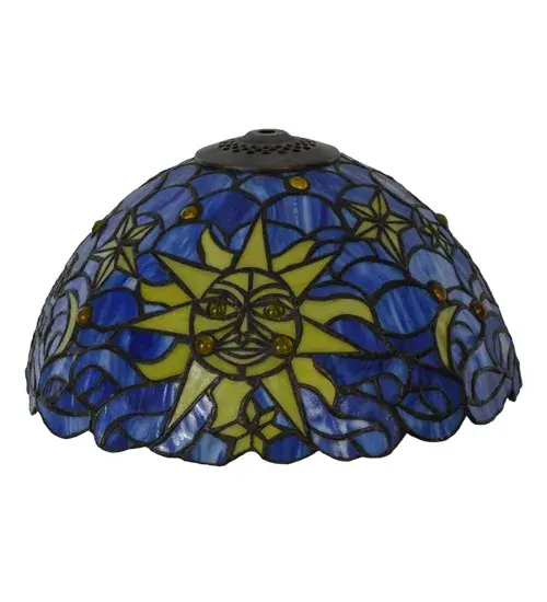 In a Celestial Blue glass sky; a Solar Yellow sun watches over the moon and the stars. Sparkling Citrine like jewels accent the hand crafted copper foiled constructed stained glass shade. Pairs well with a base to create a floor lamp or table lamp such as item 153615; or add handsome hanging hardware to build a stunning ceiling fixture. The Sun Moon & Stars Shade is included in our American designed; handcrafted Stained Glass Lighting Collection. Each shade is a unique work of art with color variations based on natural ingredients inherent in the glass. Contact us if color matching is critical when ordering multiple items. - alternate view