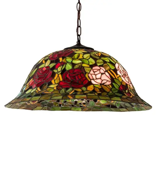 The most beloved of all floral beauties. The Rosebush is beautifully represented in this stunning reproduction of a Tiffany Studio Classic. Petal Pink, Romantic Red, Beautiful Blue and Plum Passion art glass Roses ramble on a maze of Garden Green leaves. The shade is created using the famous Meyda Tiffany copperfoil construction. The delicate domed stained glass shade is paired with a Mahogany Bronze finish. The overall height ranges from 14 to 49 inches as the chain length can be easily adjusted in the field to accommodate your specific lighting application needs. UL and cUL listed for dry and damp locations. Collection: Tiffany Rosebush Finish: Mahogany Bronze Glass: Stained Glass Width: 24.00" Height: 14.00" Length: 24.00" Weight: 10.50 lb Number of Bulbs: 3 Maximum Wattage: 60.00 W Bulb Type: A19 Bulb Base: E26 Material: Steel Country of Origin: CHINA Safety Rating: Damp - alternate view