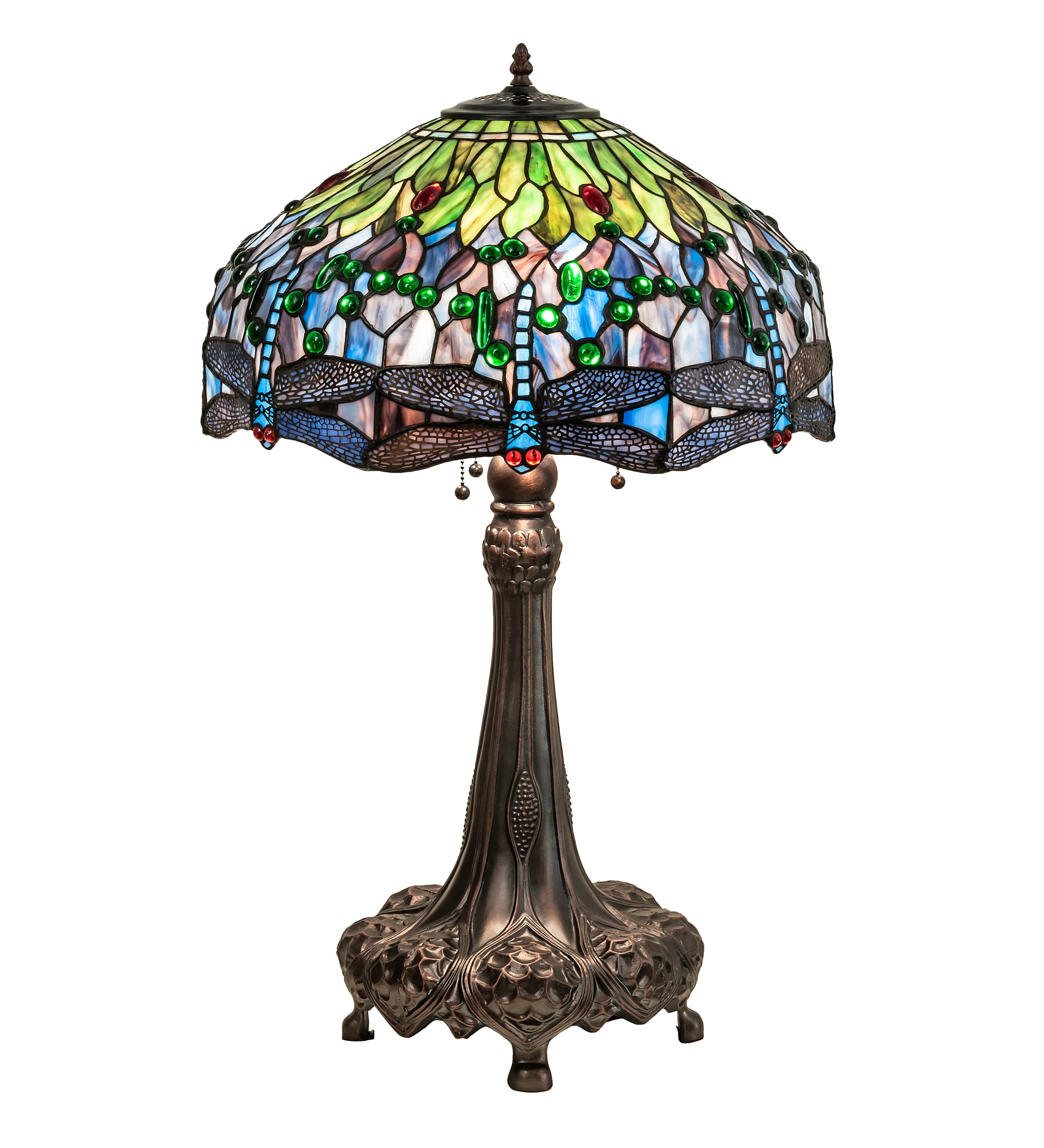 Tiffany Hanginghead Dragonfly Three Light Table Lamp in Mahogany Bronze