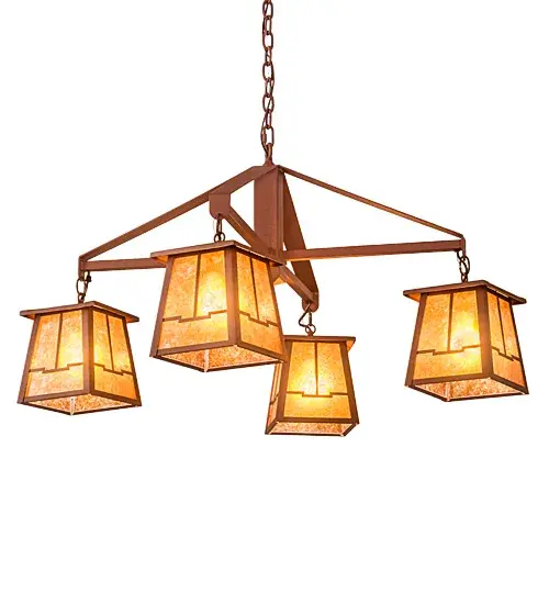 This handsome chandelier reflects the modestly adorned Bungalow style with lantern shades of Amber mica which are suspended from linear Natural Rust hardware. - alternate view