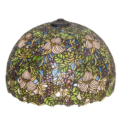 Nature abounds in this designer-styled stained glass shade. Glistening Red Glass Berries and clusters of Violets with Woodland Green leaves complement the delicate Ivory Trillium while Amber vines twist and turn through a background of Sky Blue and Clear Seeded glass. Clear Glass jewels glisten throughout the shade like the first dew drops of the day. This exquisite variegated shade is created with nearly 3;000 pieces of hand-cut stained glass using the famous Meyda Tiffany copperfoil construction process. The shade pairs well with a base to create a stunning lamp or is matched with hardware to build a beautiful ceiling fixture. The Trillium & Violet Shade is included in our American-designed; handcrafted Stained Glass Lighting Collection. Each shade is a unique work of art with color variations based on natural ingredients inherent in the glass. Please contact us if color matching is critical when ordering multiple items. - alternate view