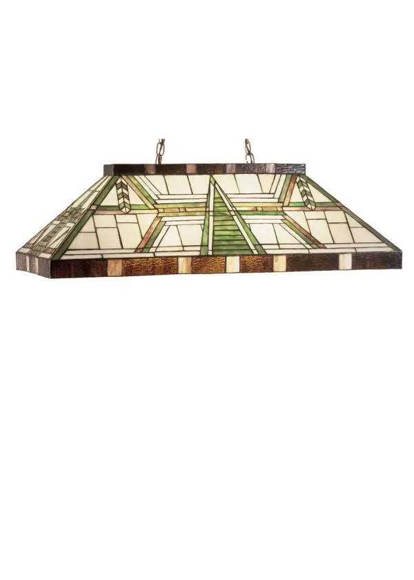 This handsome mission style oblong pendant is perfectly suited to illuminate a counter or game table. The pendant shade, of Bark Brown, Beige and Garden Green is suspended from Mahogany Bronze hardware and chains. Collection: Dana House Finish: Mahogany Bronze Glass: Ba 59 Xa Width: 18.50" Height: 17.00" Length: 39.00" Weight: 23.00 lb Extension from Wall: 18.50" Number of Bulbs: 6 Maximum Wattage: 60.00 W Bulb Type: A19 Bulb Base: E26 Material: Steel Country of Origin: CHINA Safety Listing: Dry Safety Rating: Damp