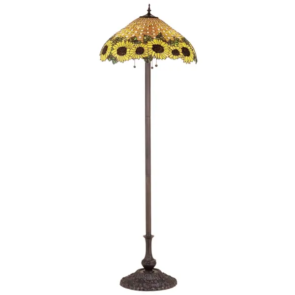 A woven Amber wicker basket brimming with dew kissed Country Brown eyed Sun Yellow sunflowers; crowned with Bronzed Green leaves make this Meyda Tiffany original stained glass shade a true charmer. With Mahogany Bronze finished lamp base; this handcrafted floor lamp will add a touch of country to any room in your home.