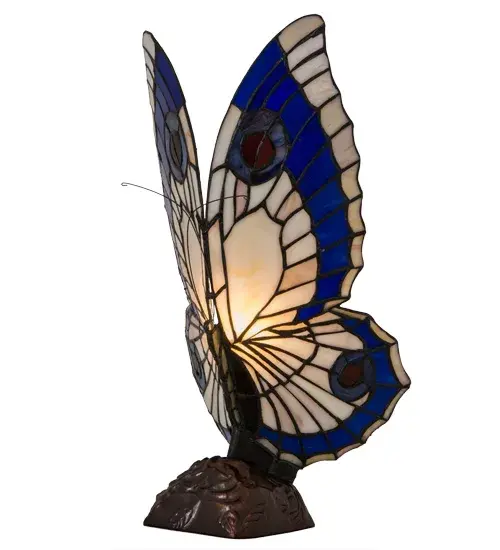 This irresistible Butterfly is hand finished in Mahogany Bronze; and has Plum and Grape colored lighted wings; crafted of copper foil wrapped stained art glass. - alternate view