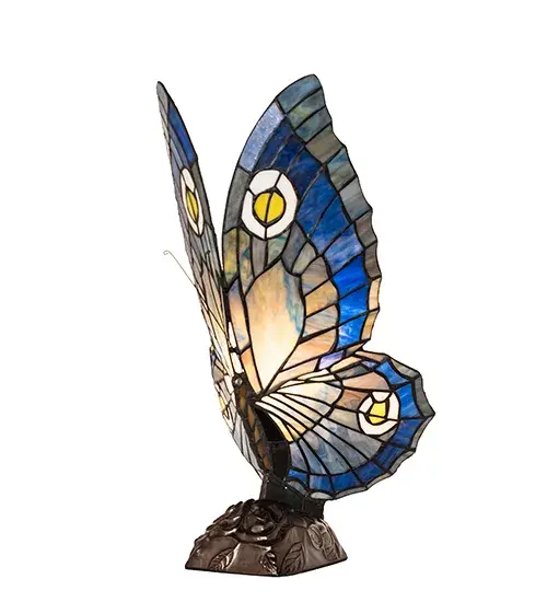 This irresistible Butterfly is hand finished in Mahogany Bronze; and has Grape and Sage colored lighted wings; crafted of copper foil wrapped stained art glass. - alternate view