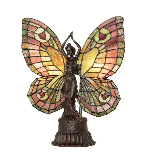 This irresistible Butterfly Lady is hand finished in Mahogany Bronze; and has colorful Plum and Leaf Green lighted wings crafted of copper foil wrapped stained art glass. - alternate view