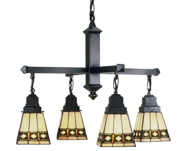 Simple clean lines and geometric shapes are the hallmark of the Mission style. This sleek Bisque Beige stained glass shade features a simple; elegant diamond pattern in Beige accented with Amber; Jade and Peridot borders. The Mission style four light chandelier in Mahogany Bronze supports shades that are handcrafted using the same technique as the Louis Comfort Tiffany Studio.