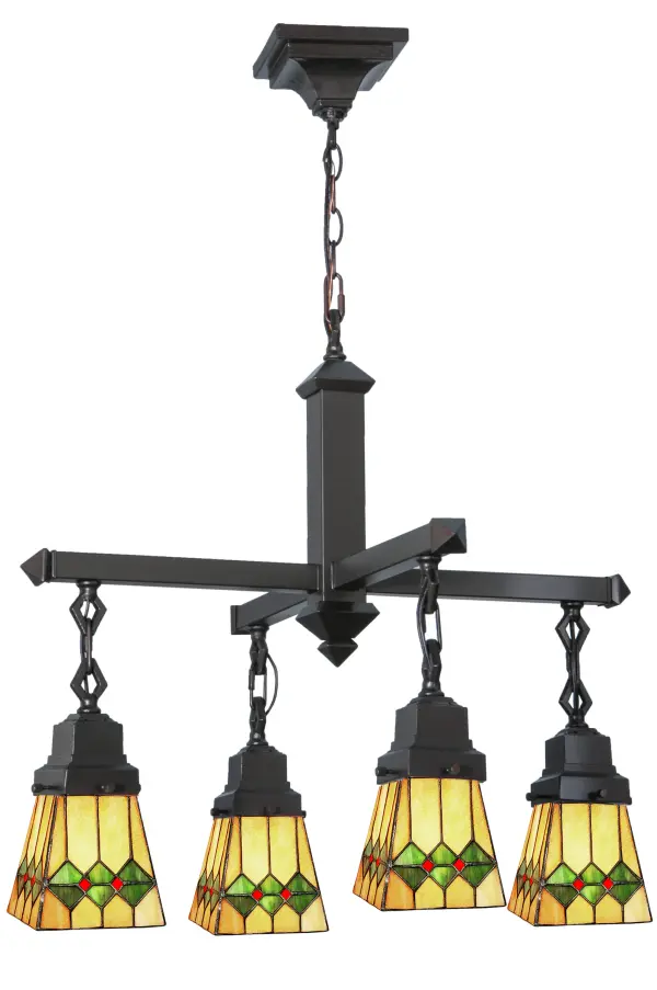 In keeping with the Mission style of translating objects into geometric forms; the Meyda Tiffany design team has taken the martini; complete with olive; and transformed it into this stylish stained glass shade. Olive Green diamonds with Pimento Red accents garnish the Honey Amber shade that is suspended from a linear Mission styled four light chandelier in Mahogany Bronze.