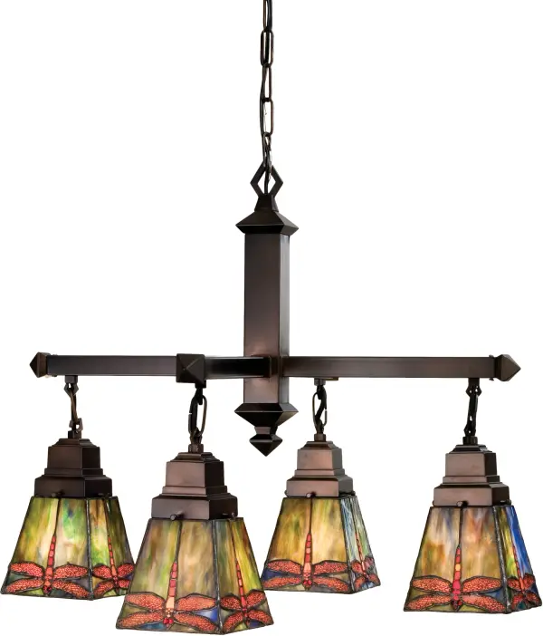 Scarlet Dragonflies with Ruby eyes dive downward against a cloud filled Aurora Midnight sky streaked with a full spectrum of colors. The exceptional stained art glass used in this family has unique tones in each piece; just as in nature. Each piece of glass is hand cut and copper foiled in the Tiffany tradition. The Mission style square shades are suspended from a complimentary four light chandelier in a Mahogany Bronze finish.