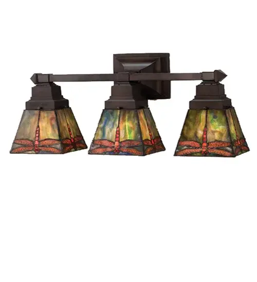 Scarlet Dragonflies with Ruby eyes dive downward against a cloud filled Aurora Midnight sky streaked with a full spectrum of colors. The exceptional stained art glass used in this family has unique tones in each piece; just as in nature. Each piece of glass is hand cut and copper foiled in the Tiffany tradition. The Mission style square shades are suspended from a complimentary three light vanity in a Mahogany Bronze finish.