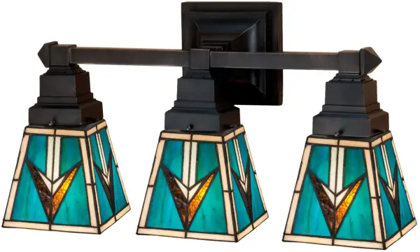 Stunning patterns and colors of southwestern blankets and pottery provide inspiration for this Meyda Original lighting design featuring three art glass shades. The intricately patterned shades of Bark Brown granite glass with Sand Beige on a Turquoise background are combined with clean lined Mission style hardware that features a Mahogany Bronze finish. The shades are constructed using the famous Meyda Tiffany copperfoil construction process. Ideal as a vanity lighting in a fine bath or as a wall sconce used in any room. The Valencia Mission Vanity Light is a part of our American designed Southwest Lighting Collection. UL and cUL listed for dry and damp locations.