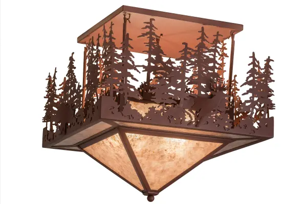 The call of the wild comes to light with a Deer and Grizzly Bear roaming among a vast stand of Pine Trees around a woodland lake as the brilliant afternoon sun sets in the background. Beautiful ambient light shines through Silver Mica which is enhanced with a frame, hardware and decorative accents featured in a Rust finish. The fixture is custom crafted by Meyda expert artisans in its manufacturing facility, at the foothills of New York?s glorious Adirondack Mountains. This ceiling fixture is available in custom designs, styles, sizes and dimmable energy efficient lamping options. Collection: Wildlife At Pine Lake Finish: Rust Glass: Silver Mica Notes: Custom Crafted In Yorkville, New York Please Allow 30 Days Width: 37.00" Height: 24.00" Length: 24.00" Weight: 35.50 lb Number of Bulbs: 4 Maximum Wattage: 60.00 W Bulb Type: A19 Bulb Base: E26 Material: Steel Country of Origin: USA Safety Listing: Damp Safety Rating: Damp