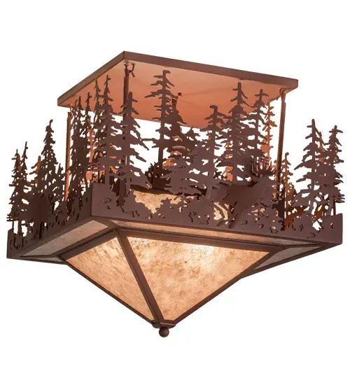 The call of the wild comes to light with a Deer and Grizzly Bear roaming among a vast stand of Pine Trees around a woodland lake as the brilliant afternoon sun sets in the background. Beautiful ambient light shines through Silver Mica which is enhanced with a frame, hardware and decorative accents featured in a Rust finish. The fixture is custom crafted by Meyda expert artisans in its manufacturing facility, at the foothills of New York?s glorious Adirondack Mountains. This ceiling fixture is available in custom designs, styles, sizes and dimmable energy efficient lamping options. Collection: Wildlife At Pine Lake Finish: Rust Glass: Silver Mica Notes: Custom Crafted In Yorkville, New York Please Allow 30 Days Width: 37.00" Height: 24.00" Length: 24.00" Weight: 35.50 lb Number of Bulbs: 4 Maximum Wattage: 60.00 W Bulb Type: A19 Bulb Base: E26 Material: Steel Country of Origin: USA Safety Listing: Damp Safety Rating: Damp - alternate view
