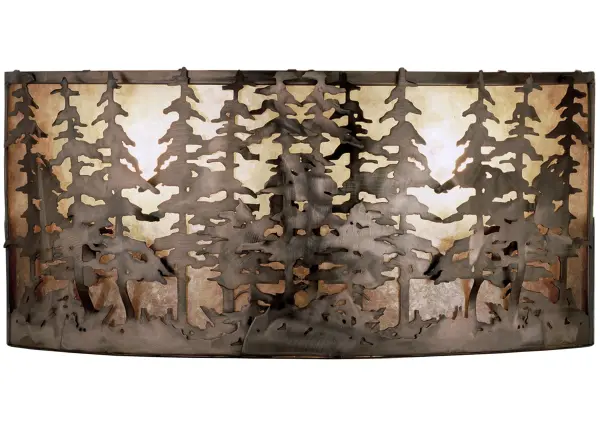 A stunning nature inspired stand of Tall Pines is depicted while the morning sun rises in the background. Warm soft ambient light is diffused beautifully through a long curve of Silver Mica and complemented with Antique Copper finished accents and frame. Handcrafted in the Meyda manufacturing facility, located at the foothills of the Adirondack Mountains. Collection: Tall Pines Finish: Antique Copper Glass: Silver Mica Width: 24.00" Height: 12.50" Length: 7.50" Weight: 9.50 lb Extension from Wall: 7.50" Number of Bulbs: 2 Maximum Wattage: 60.00 W Bulb Type: A19 Bulb Base: E26 Material: Steel Country of Origin: USA Safety Listing: Damp Safety Rating: Damp
