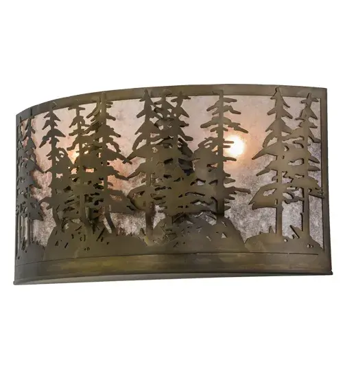 A stunning nature inspired stand of Tall Pines is depicted while the morning sun rises in the background. Warm soft ambient light is diffused beautifully through a long curve of Silver Mica and complemented with Antique Copper finished accents and frame. Handcrafted in the Meyda manufacturing facility, located at the foothills of the Adirondack Mountains. Collection: Tall Pines Finish: Antique Copper Glass: Silver Mica Width: 24.00" Height: 12.50" Length: 7.50" Weight: 9.50 lb Extension from Wall: 7.50" Number of Bulbs: 2 Maximum Wattage: 60.00 W Bulb Type: A19 Bulb Base: E26 Material: Steel Country of Origin: USA Safety Listing: Damp Safety Rating: Damp - alternate view