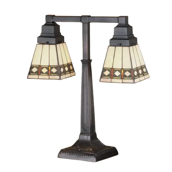 Simple clean lines and geometric shapes are the hallmark of the Mission style. This sleek Bisque Beige stained glass shade features a simple; elegant diamond pattern in Beige accented with Amber; Jade and Peridot borders. The Mission style two light desk lamp base in Mahogany Bronze supports shades that are handcrafted using the same technique as the Louis Comfort Tiffany Studio.