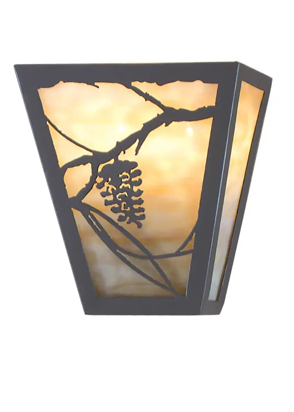 Listen closely.You can almost hear the soft whisper of the pine branches as they dance in the wind.Enjoy the warm ambiance of soft beautiful light diffused through this rustic shade?s Beige Art Glass featuring stunning pinecone and pine branch designs. Hand finished in handsome Timeless Bronze and handcrafted by Meyda Artisans in Yorkville, New York.Create the design, colors, and the size and style of your choice.Energy efficient lamping options available. Collection: Whispering Pines Finish: Timeless Bronze Glass: Beige (Ba) Notes: Custom Crafted In Yorkville, New York Please Allow 30 Days Width: 7.00" Height: 7.50" Length: 4.00" Weight: 2.00 lb Extension from Wall: 4.00" Number of Bulbs: 2 Maximum Wattage: 60.00 W Bulb Type: B10 Bulb Base: E12 Material: Steel Country of Origin: USA Safety Listing: Damp Safety Rating: Damp