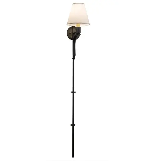 Exquisite styling and luxurious charm are revealed in this minimalist Minaret wall sconce. This elegant sconce embraces an Amber-colored faux candlelight topped with a Beige fabric shade and complemented with a backplate; hardware and a very extensive stem that embraces both the wall and floor; in a Wrought Iron finish.The fixture features quality materials and hand detailed American craftsmanship perfected by years of time honored artistry; passed down from generations of prolific artisans.Custom sizes; styles; colors and dimmable energy efficient lamping options are available.The fixture is UL and cUL listed for damp and dry locations.A matching Minaret Right Wall Sconce (48555) is also available to complete the set; for design continuity. - alternate view