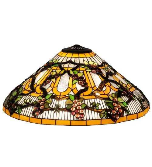 Bring sunny vineyards to your home or business with this lovely Meyda Original lighting design. Radiant Concord Purple jewels; Vineyard Green leaves; and glistening dew-kissed Bark Brown vines wrap around the Golden Sunshine banded art glass shade with Red Jewels. The shade is created using the famous Meyda Tiffany copperfoil construction process. The Jeweled Grape Shade is included in our American-designed; handcrafted Stained Glass Lighting Collection. Each shade is a unique work of art with color variations based on natural ingredients inherent in the glass. Please contact us if color matching is critical when ordering multiple items.