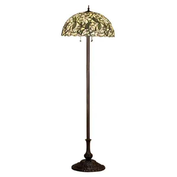 This floor lamp has an undulating edged stained glass shade of Pale Blush pea flowers that are surrounded by gracefully twining leaves and vines of Spring Green against an Ivory Pearl background. The nature inspired shade pattern; designed by one of the Meyda Tiffany artists; is supported by a floor lamp base with marble accents and a warm Mahogany Bronze finish.