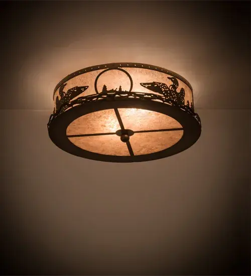 A Loon wades in marshy waters on this wildlife inspired flushmount. The fixture is finished in Antique Copper; has Silver mica panels; and is handcrafted in the USA by Meyda artisans.