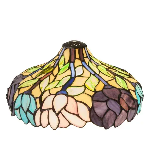 Stylized Wisteria flower clusters of Petal Pink; Sky Blue and Dark Amethyst with Jade Green leaves and complementary vines drape over this Beige toned shade. The classic styling of this Tiffany inspired art glass and soft pastel colors will add charm to any room. The stunning fixture is made of hand cut glass using the famous Meyda Tiffany copperfoil construction process. Each piece is a unique work of art with color variations based on natural ingredients inherent in the glass. Contact us if color matching is critical when ordering multiple items. - alternate view