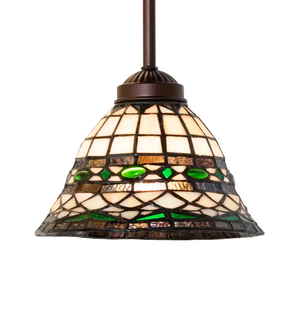Emerald-colored jewels and multi-colored granite glass accent the handsome Amber Beige art glass reproduction of a famous Louis Comfort Tiffany design. This Tiffany Roman shade is inspired by Italian art and architecture and is handcrafted of authentic stained glass by Meyda Tiffany artisans using a copperfoil construction method. The Mini Pendant hardware is finished in a hand-applied Mahogany Bronze. The overall height can be adjusted by combining the four stem lengths that are included: 6-inch; 12-inch; 16-inch; and 24-inch; in any combination to achieve the desired drop from the ceiling. The Tiffany Roman Mini Pendant is included in our American-designed; handcrafted Tiffany Reproduction Collection. It is UL and cUL listed for dry and damp locations. Each shade is a unique work of art with color variations based on natural ingredients inherent in the glass.