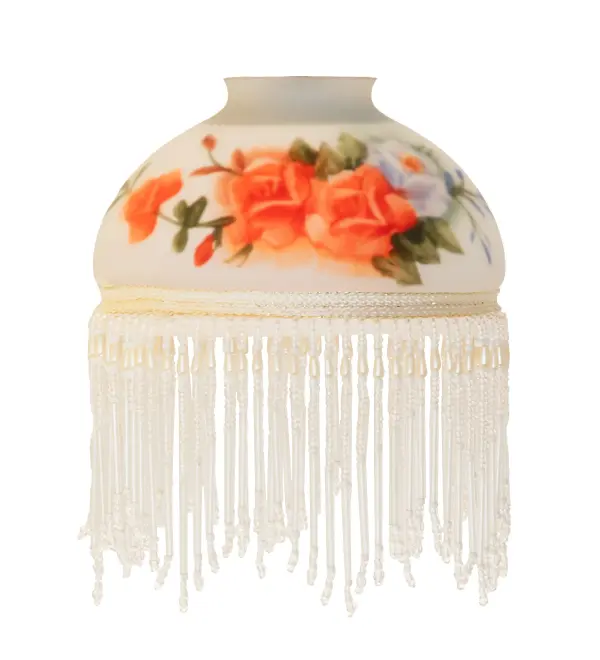 A charming nostalgic lighting shade that will add beauty to any room. The stunning White Frosted Bent Glass shade features a Rose Bouquet fused image and can be paired with an elegant table lamp base or matched with hardware to build a beautiful ceiling fixture. The Rose Bouquet Fringed Shade is featured in our American-designed; handcrafted Stained Glass Lighting Collection.