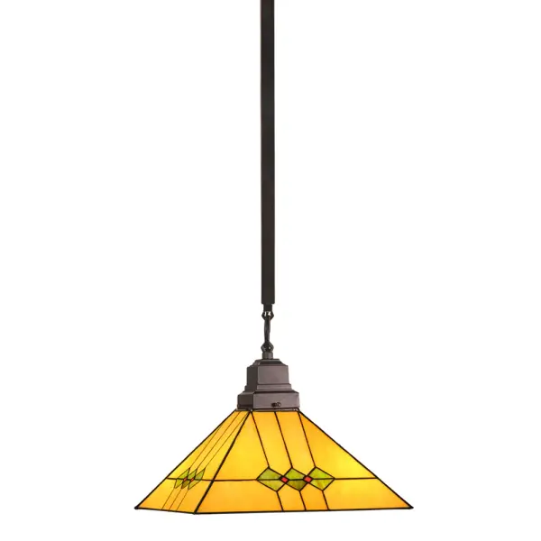 In keeping with the Mission style of translating objects into geometric forms; the Meyda Tiffany design team has taken the martini; complete with olive; and transformed it into this stylish stained glass shade. Olive Green diamonds with Pimento Red accents garnish the Honey Amber pendant shade that is suspended from linear Mission styled hardware in Mahogany Bronze.