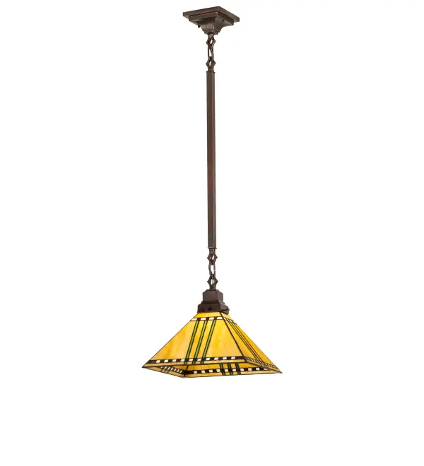 With their love of geometric forms, architects of the Prairie School interpret organic objects into simplified lines. The Meyda Tiffany Prairie Corn pendant shade has rows of Chili Red and Wheat kernels and stalks of Bronzed Jade against a Maize Gold background. The stained glass shade is paired with simple Mission style hardware in a Mahogany Bronze finish. Collection: Prairie Corn Finish: Mahogany Bronze Glass: Stained Glass Width: 18.00" Height: 44.00" Length: 13.00" Weight: 5.00 lb Number of Bulbs: 1 Maximum Wattage: 60.00 W Bulb Type: A19 Bulb Base: E26 Material: Steel Country of Origin: CHINA Safety Listing: Damp Safety Rating: Damp